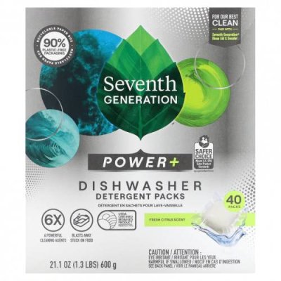 Seventh Generation, Пакеты с моющим средством Power + для посудомоечной машины, Fresh Citrus, 40 упаковок, 600 г (21,1 унции) Посуда и столовые приборы / Аптека | V4.Market