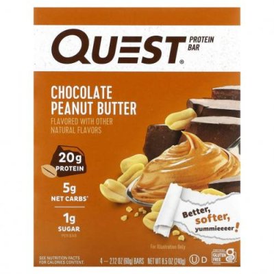 Quest Nutrition, Protein Bar, шоколадно-арахисовая паста, 4 батончика, 60 г (2,12 унции) Молочные белковые батончики / Аптека | V4.Market