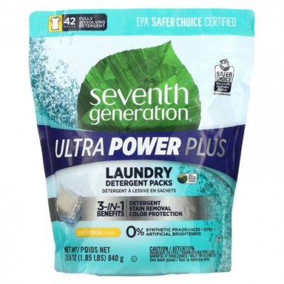 Seventh Generation, Средства для стирки, Ultra Power Plus, со вкусом цитрусовых, 42 упаковки, 840 г (29,6 унции) Стирка / Аптека | V4.Market