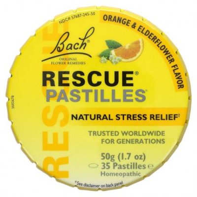 Bach, Original Flower Remedies, Rescue Pastilles, натуральное средство от стресса, апельсин и бузина, 35 пастилок, 50 г (1,7 унции) Цветочные препараты / Аптека | V4.Market