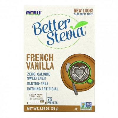 NOW Foods, стевия BetterStevia, сахарозаменитель с нулевой калорийностью, французская ваниль, 75 пакетиков по 1 г в каждом Стевия / Аптека | V4.Market