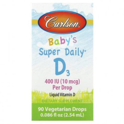 Carlson, Baby's Super Daily D3, 10 мкг (400 МЕ), 90 вегетарианских капель, 2,54 мл (0,086 жидк. Унции) Витамин D для детей / Аптека | V4.Market