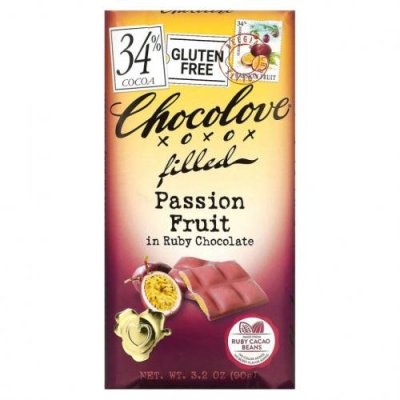 Chocolove, Маракуйя в плитке из рубинового шоколада, 34% какао, 90 г (3,2 унции) Шоколад / Аптека | V4.Market